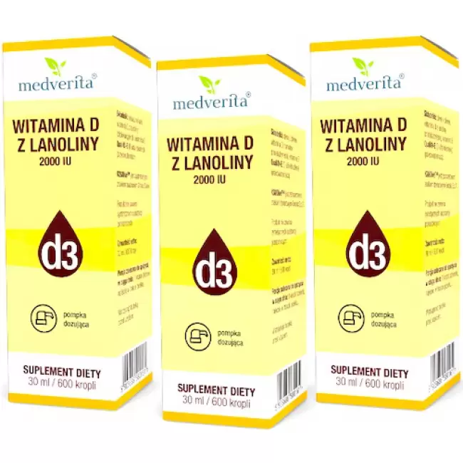 3x Medverita Naturalna Witamina D3 2000IU krople 30ml - suplement diety