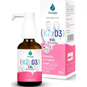 Aliness Avitale K2 25mcg D3 400IU KIDS 30ml krople dla dzieci - suplement diety Odporność zdrowe Kości Zęby