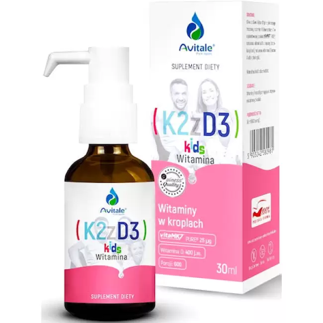 Aliness Avitale K2 25mcg D3 400IU KIDS 30ml krople dla dzieci - suplement diety Odporność zdrowe Kości Zęby