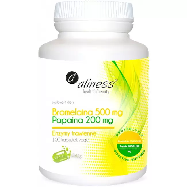 Aliness Bromelaina 500mg Papaina 200mg 100kaps vege - suplement diety Enzymy Trawienne