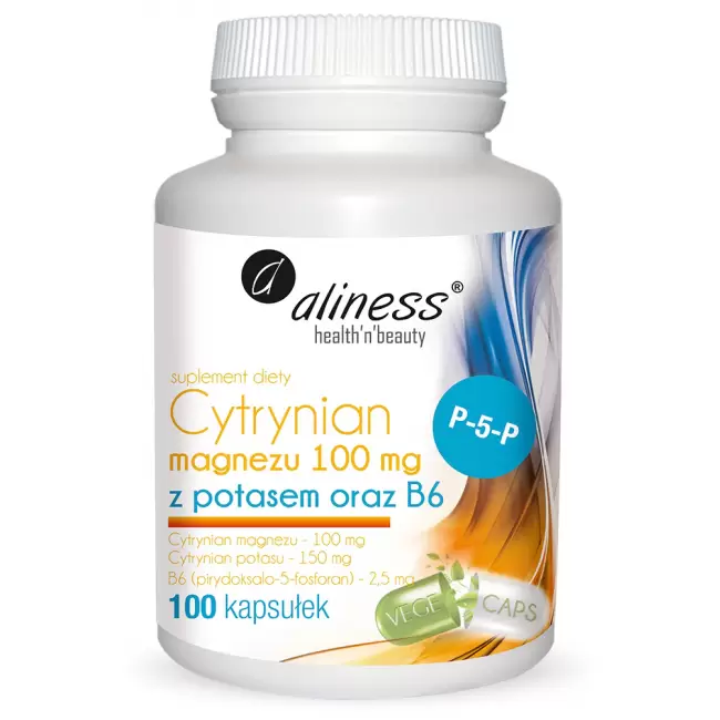 Aliness Cytrynian Magnezu 100mg + Potas + Witamina B6 100kaps vege - suplement diety