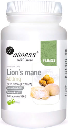 Aliness Lion\'s Mane ekstrakt Soplówka Jeżowata 400mg 90kaps vege - suplement diety Pamięć, Koncentracja, Nerwy