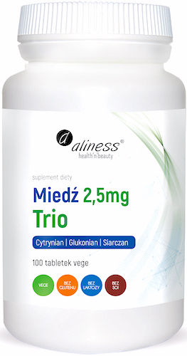 Aliness Miedź trio 2,5mg Cytrynian+Glukonian+Siarczan 100kaps vege - suplement diety