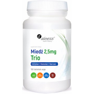 Aliness Miedź trio 2,5mg Cytrynian+Glukonian+Siarczan 100kaps vege - suplement diety