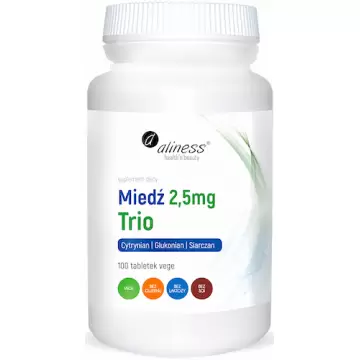 Aliness Miedź trio 2,5mg Cytrynian+Glukonian+Siarczan 100kaps vege - suplement diety