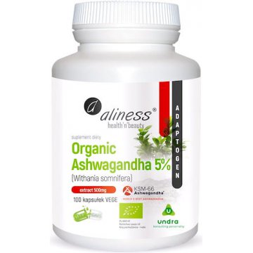 Aliness Organic Ashwagandha 5% KSM-66 BIO Ekstrakt 10:1 500mg 100kaps vege - suplement diety Stres