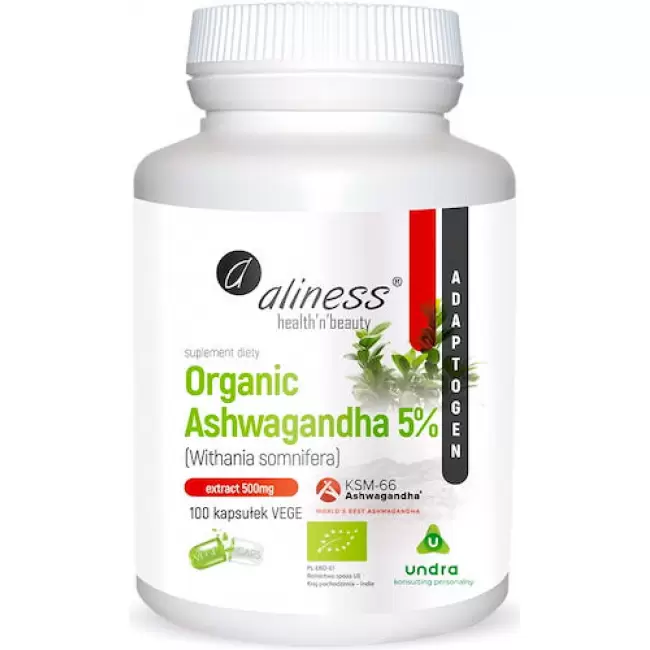 Aliness Organic Ashwagandha 5% KSM-66 BIO Ekstrakt 10:1 500mg 100kaps vege - suplement diety Stres