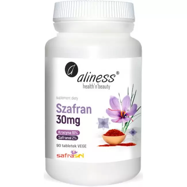 Aliness Szafran Safrasol 30mg 90kaps vege - suplement diety Safranal 2% Krocyna 10% Nastrój