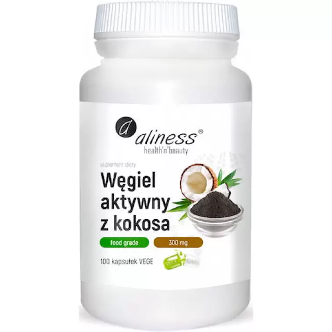 Aliness Węgiel aktywny z kokosa FOOD GRADE 300mg 100kaps vege - suplement diety