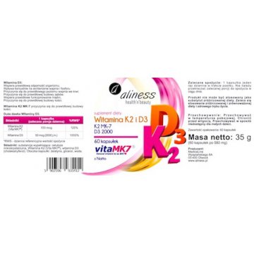 Aliness Witamina K2 MK-7 Natto 100mcg i D3 2000IU 60kaps - suplement diety