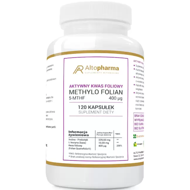 Alto Pharma Aktywny Kwas Foliowy 400mcg Methylo Folian Quatrefolic 5-MTHF 120kaps vege - suplement diety Ciąża