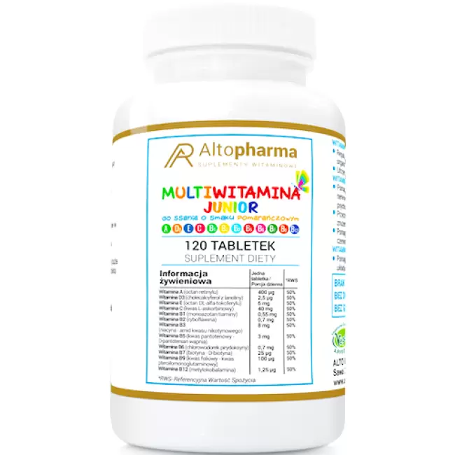 Alto Pharma Multiwitamina Junior 120tab do ssania Witaminy dla Dzieci A D3 E C B1 B2 B3 B5 B6 B7 B9 B12