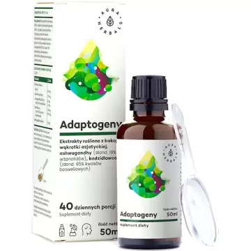 Aura Herbals Adaptogeny 100% naturalne ekstrakty roślinne 50ml krople Bacopa, Ashwagandha, Boswellia, Gotu Kola