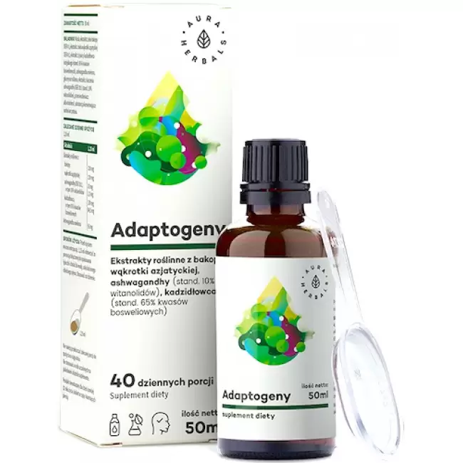 Aura Herbals Adaptogeny 100% naturalne ekstrakty roślinne 50ml krople Bacopa, Ashwagandha, Boswellia, Gotu Kola