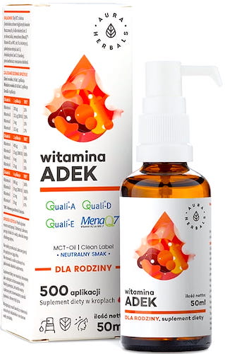 Aura Herbals ADEK Witamina A + D3 (2000IU)  E   K2 mk7 MCT 50ml krople - suplement diety