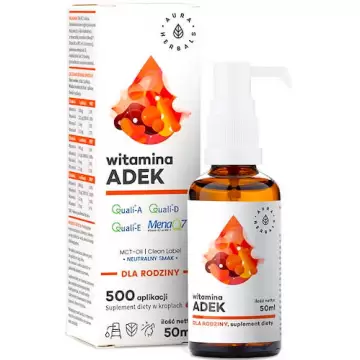 Aura Herbals ADEK Witamina A D3 (2000IU) E K2 mk7 MCT 50ml krople - suplement diety Rodzinny Odporność Kości