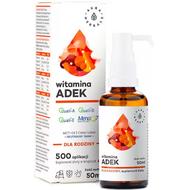 Aura Herbals ADEK Witamina A D3 (2000IU) E K2 mk7 MCT 50ml krople - suplement diety Rodzinny Odporność Kości