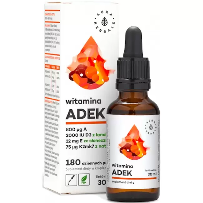 Aura Herbals ADEK Witamina A D3 2000IU E K2 mk7 30ml krople - suplement diety D-3 K-2 Odporność Kości Zęby Stawy