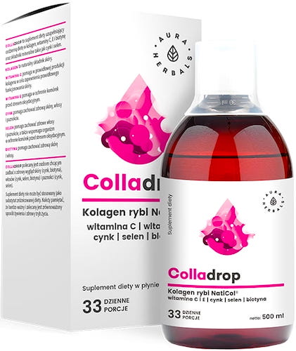 Aura Herbals Colladrop Kolagen Rybi w płynie witamina C, E 500ml - suplement diety Cynk, Selen, Biotyna