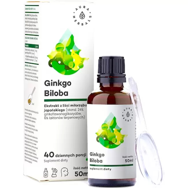 Aura Herbals Ginkgo Biloba ekstrakt Miłorząb japoński 50:1 45mg krople 50ml vege Pamięć - suplement diety