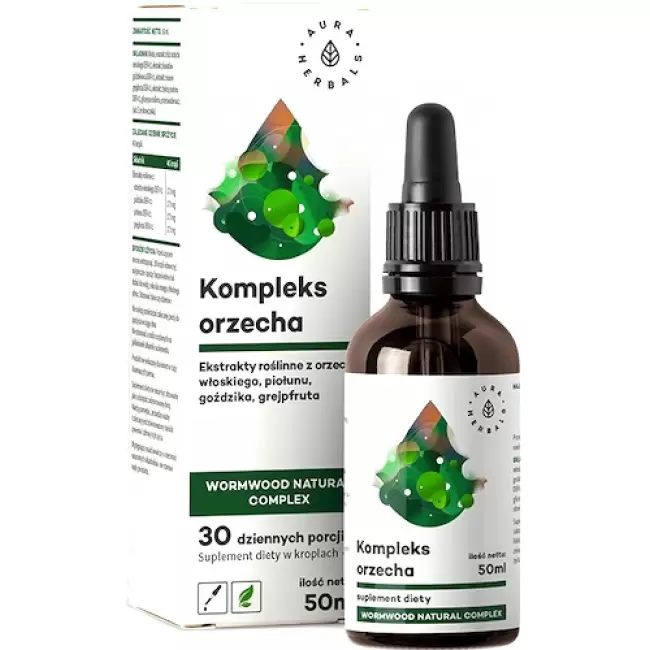Aura Herbals Kompleks orzecha z piołunem 50ml krople - suplement diety Trawienie Pasożyty Candida Robaki