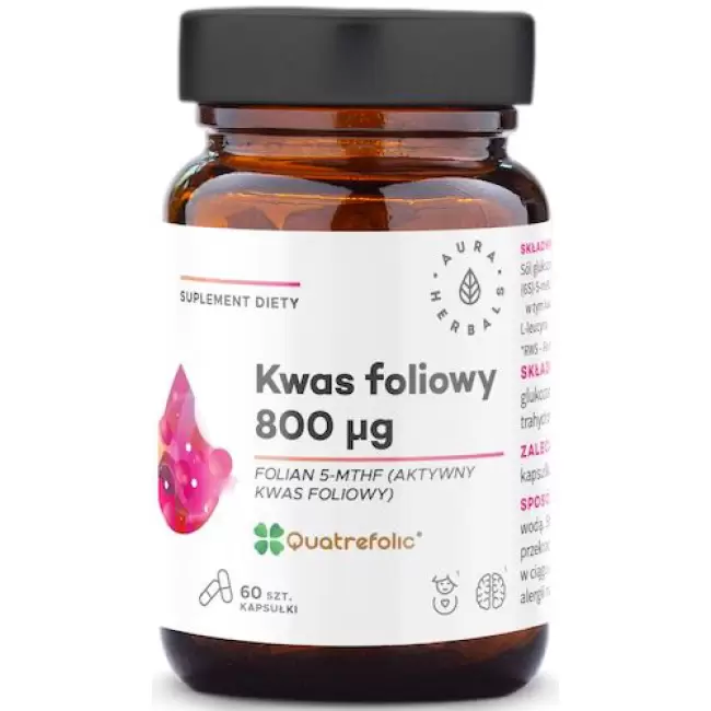 Aura Herbals Kwas foliowy Quatrefolic 800mcg 60kaps - suplement diety Ciąża Krew Odporność Układ Nerwowy