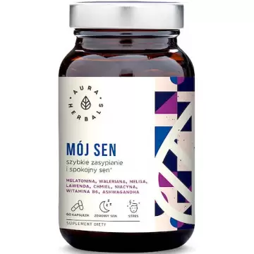 Aura Herbals Mój sen 60kaps szybkie zasypianie spokojny sen - suplement diety Melatonina, Waleriana