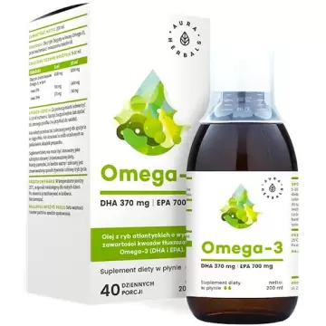 Aura Herbals Omega-3 370mg DHA 700mg EPA 200ml płyn - suplement diety Olej rybi Serce Mózg Wzrok DHA EPA