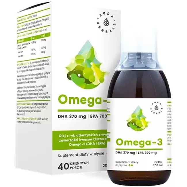 Aura Herbals Omega-3 370mg DHA 700mg EPA 200ml płyn - suplement diety Olej rybi Serce Mózg Wzrok DHA EPA