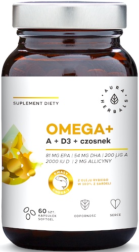 Aura Herbals Omega+ Witamina A + D3 + czosnek 60kaps - suplement diety Odporność Omega-3 EPA DHA