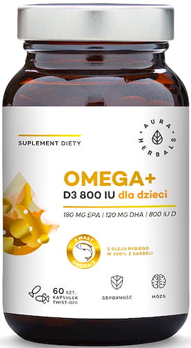 Aura Herbals Omega+ Witamina D3 800IU dla dzieci 60kaps twist-off - suplement diety EPA, DHA, ALA