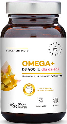 Aura Herbals Omega+ Witamina D3 400IU dla dzieci 60kaps twist-off - suplement diety EPA, DHA, ALA