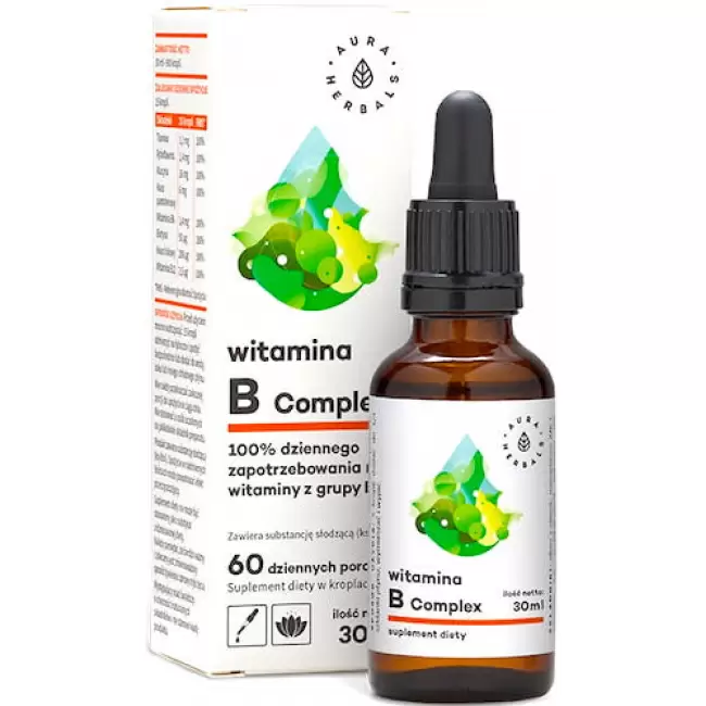 Aura Herbals Witamina B Complex 30ml vege krople - suplement diety Kompleks wit.B Newry Zmęczenie Serce Energia