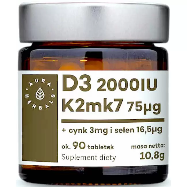Aura Herbals Witamina D3 2000IU K2 mk7 75mcg Cynk Selen 90tab - suplement diety D-3 K-2 Odporność