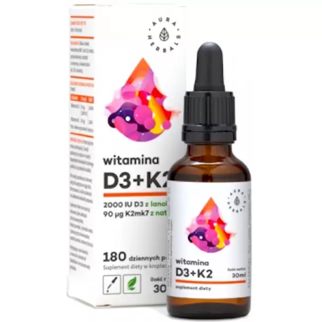 Aura Herbals Witamina D3 2000IU + K2 MK7 krople 30ml - suplement diety