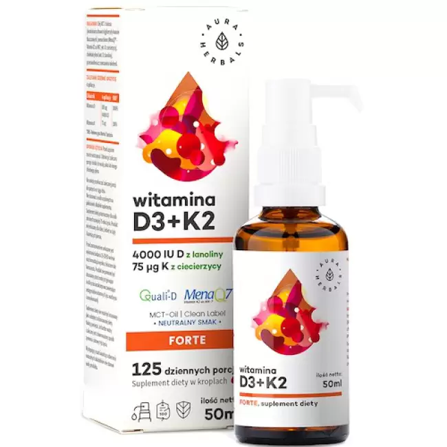 Aura Herbals Witamina D3 4000IU K2 mk7 Forte 50ml krople MCT - suplement diety K-2 D-3 Odporność Kości Zęby Stawy