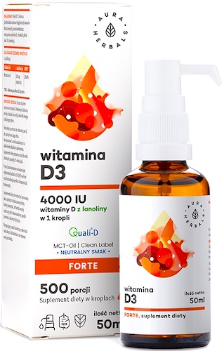 Aura Herbals Witamina D3 forte 4000IU z lanoliny MCT-Oil 50ml krople - suplement diety