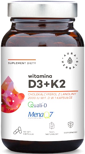Aura Herbals Witamina D3 z Lanoliny 2000IU + K2 75mcg Mk-7 90kaps - suplement diety D-3 K-2 mk7