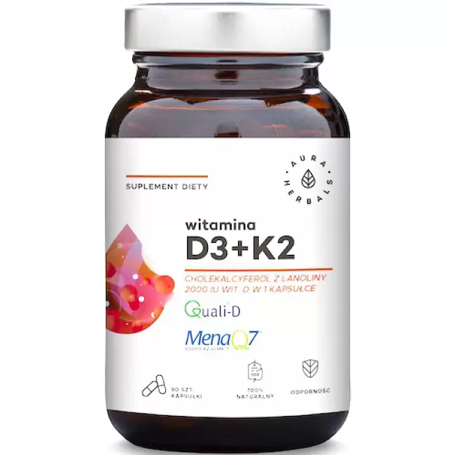 Aura Herbals Witamina D3 z Lanoliny 2000IU + K2 75mcg Mk-7 90kaps - suplement diety D-3 K-2 mk7