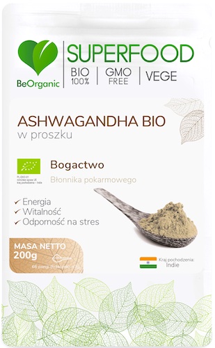 BeOrganic BIO Ashwagandha Eko proszek 200g vege - suplement diety Witalność