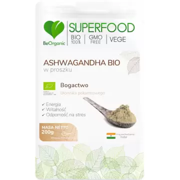 BeOrganic BIO Ashwagandha Eko proszek 200g vege - suplement diety Witalność