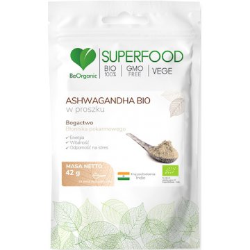 BeOrganic BIO Ashwagandha Eko proszek 42g vege - suplement diety Witalność Energia Stres