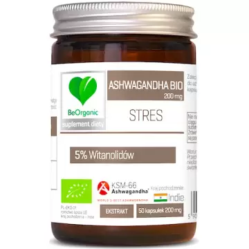 BeOrganic BIO Ashwagandha KSM-66 200mg 50kaps vege Eko - suplement diety Witanolidy, Stres WYPRZEDAŻ !