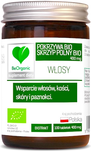 BeOrganic BIO Skrzyp + Pokrzywa 100kaps vege Eko - suplement diety Włosy, Skóra, Paznokcie, Kości