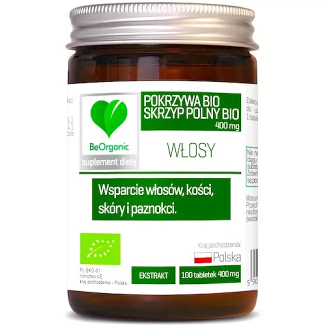 BeOrganic BIO Skrzyp + Pokrzywa 100kaps vege Eko - suplement diety Włosy, Skóra, Paznokcie, Kości