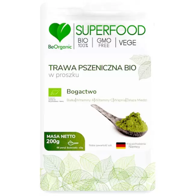 BeOrganic BIO Trawa pszeniczna Eko proszek 200g vege Witaminy, minerały, enzymy
