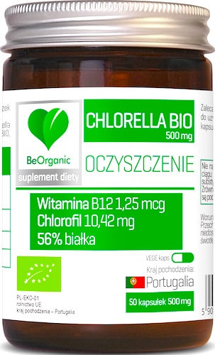 BeOrganic Chlorella Bio 500mg GMOfree 50kaps vege ekologiczna WYPRZEDAŻ !