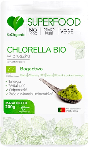 BeOrganic Chlorella Bio GMOfree proszek 200g vege ekologiczna WYPRZEDAŻ KRÓTKA DATA !