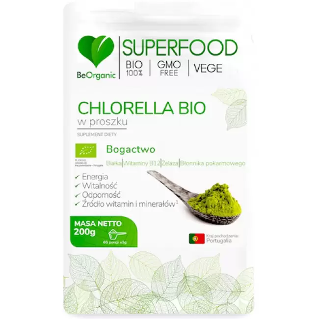 BeOrganic Chlorella Bio GMOfree proszek 200g vege ekologiczna KRÓTKA DATA