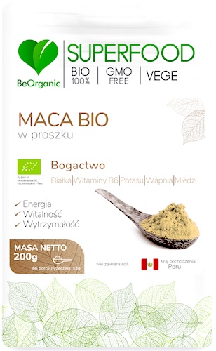 BeOrganic MACA Bio w proszku GMOfree 200g vege ekologiczna